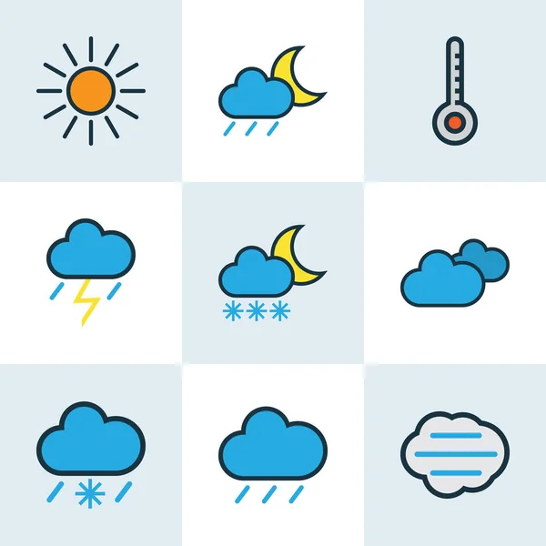 Set di profili colorati per il clima. Raccolta di grandine, tornado, tempo nuvoloso e altri elementi. Include anche simboli come scala, grado, sole . — Vettoriale Stock