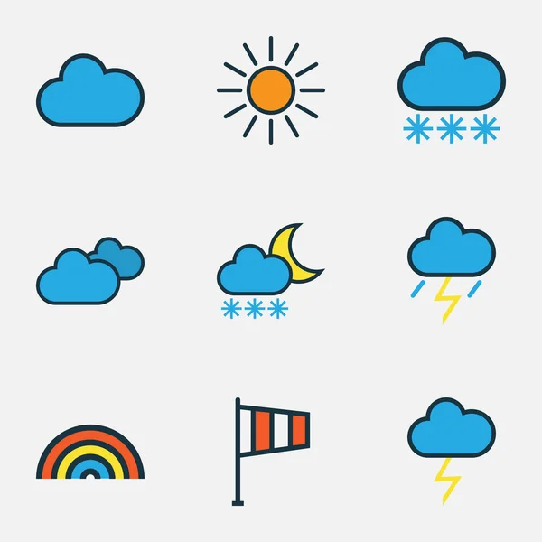 Set di contorni colorati di meteorologia. Collezione di tempo nuvoloso, nubifragio, giorno nuvoloso e altri elementi. Include anche simboli come Nuvoloso, Nuvoloso, Vane . — Vettoriale Stock