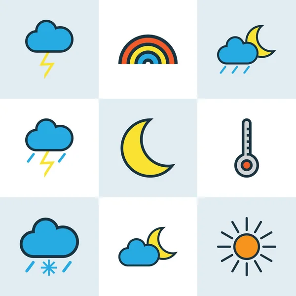 Set di contorni colorati di meteorologia. Collezione di lunare, raggio di luna, arcobaleno e altri elementi. Include anche simboli come sole, nuvola, termometro . — Vettoriale Stock