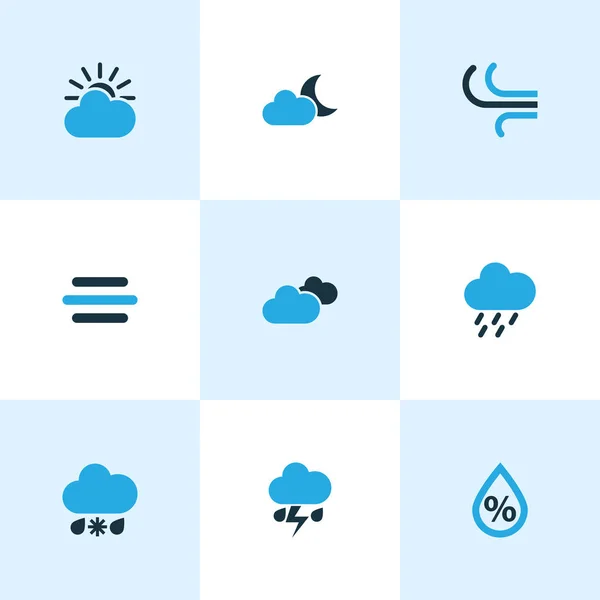 Set di icone colorate di meteorologia. Raccolta di umidità, freddo, cielo nuvoloso e altri elementi. Include anche simboli come tempo, chiaro di luna, Drizzle . — Vettoriale Stock