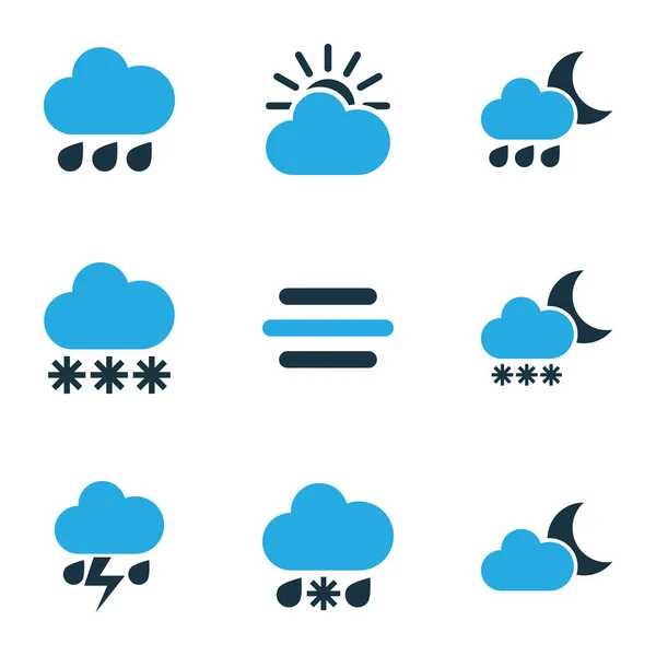 Μετεωρολογία χρωματιστές εικόνες Set. Συλλογή της Blizzard, χιονόπτωσης, καταιγίδας και άλλα στοιχεία. Επίσης περιλαμβάνει σύμβολα όπως άνεμος, καταιγίδες, το βράδυ. — Διανυσματικό Αρχείο