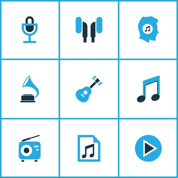 Music Colored Icons Set. Collection Of Microphone, Gramophone, Guitar And Other Elements. Also Includes Symbols Such As Earphone, Antique, Gramophone. — Stock Vector