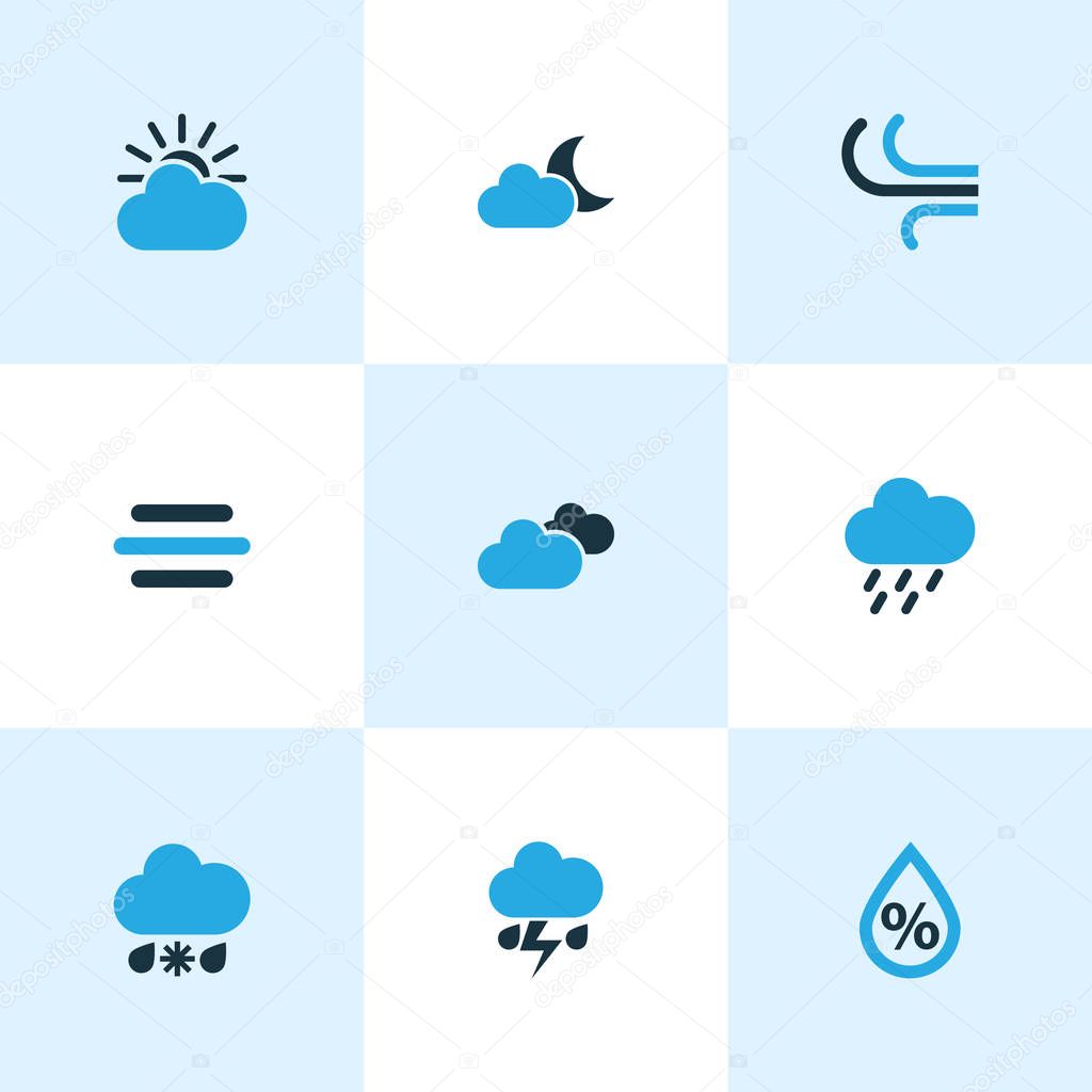 Meteorology Colored Icons Set. Collection Of Humidity, Cold Weather, Cloudy Sky And Other Elements. Also Includes Symbols Such As Weather, Moonshine, Drizzle.