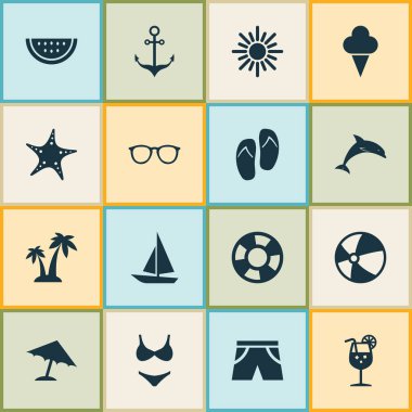 Sıcak Icons Set. Yıldız, şemsiye, Bikini ve diğer öğeleri koleksiyonu. Ayrıca deniz, buz, forseps gibi simgeler içerir.