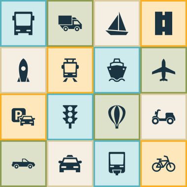 Sevk irsaliyesi Icons Set. Bisiklet, Van, yol ve diğer öğeleri koleksiyonu. Ayrıca yat, Zeplin, yol gibi simgeler içerir.