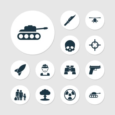 Savaş Icons Set. Füze, hedef, kesici ve diğer öğeleri koleksiyonu. Ayrıca kesici, mekanizma, keskin nişancı gibi simgeler içerir.