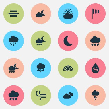 Hava Icons Set. Pislik, gece, renkleri ve diğer öğeleri koleksiyonu. Ayrıca damla, hilal, nem gibi simgeler içerir.