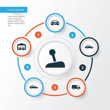 Otomobil Icons Set. Crossover, kamyon, tamir toplama ve diğer öğeler. Ayrıca araba, Van, garaj gibi simgeler içerir.