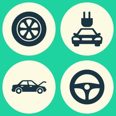 Otomobil Icons Set. Tak, sürücü kumanda, tekerlek ve diğer öğeleri koleksiyonu. Ayrıca otomatik, tekerlek, elektrik gibi simgeler içerir.
