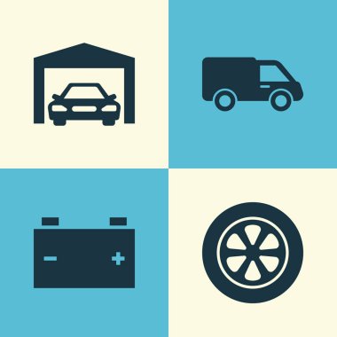 Otomatik Icons Set. Akümülatör, tekerlek, kamyon ve diğer öğeleri koleksiyonu. Ayrıca akü, pil, gibi simgeler içerir onarma.