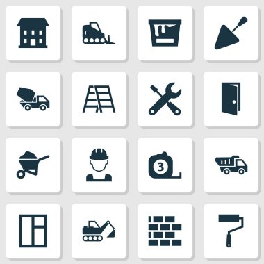 Mimari Icons Set. Hizmet, duvar, kamyon ve diğer öğeleri koleksiyonu. Ayrıca tırmanış, damperli kamyon, mühendis gibi simgeler içerir.