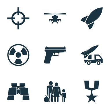 Ordu Icons Set. Mühimmat, tehlikeli topluluğu, helikopter ve diğer öğeleri. Ayrıca silah, roket, yangın gibi simgeler içerir.
