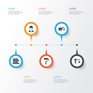 Mimari Icons Set. Digger, boya silindiri, duvar ve diğer öğeleri koleksiyonu. Ayrıca araç, boya, tuğla gibi simgeler içerir.