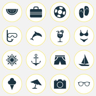 Güneş Icons Set. Gemi, sandal, Video ve diğer öğeleri koleksiyonu. Ayrıca içki, buz, kamera gibi simgeler içerir.
