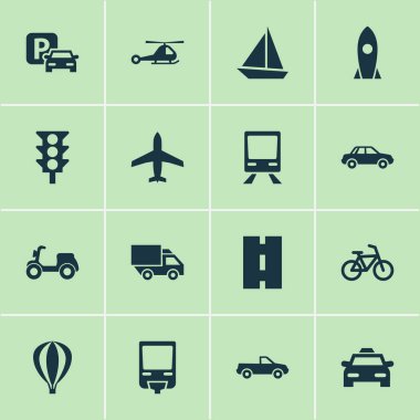 Taşıma simgeler kümesi. Demiryolu, Cabriolet, demiryolu ve diğer öğeleri koleksiyonu. Ayrıca yol, Araba, taksi gibi simgeler içerir.