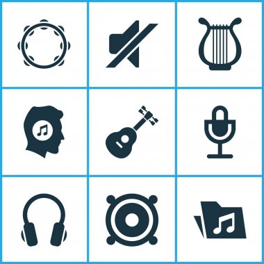 Ses simgeler kümesi. Mike, sessizlik, lir ve diğer öğeleri koleksiyonu. Ayrıca gitar, müzik, kulaklık gibi simgeler içerir.