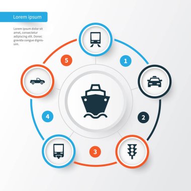 Taşıma simgeler kümesi. Taksi, trafik ışığı, demiryolu ve diğer öğeleri koleksiyonu. Ayrıca, monoray, gemi, Cabriolet gibi simgeler içerir.