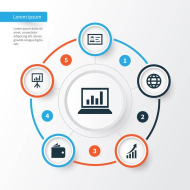 İş Icons Set. Artan, diyagram, kimlik ve diğer öğeleri koleksiyonu. Ayrıca dünya, istatistikler, toprak gibi simgeler içerir.