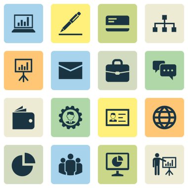 Ticaret simgeler kümesi. Bavul, sunu kurulu, hiyerarşi ve diğer öğeleri koleksiyonu. Ayrıca istatistik, konuşma, mesaj gibi simgeler içerir.