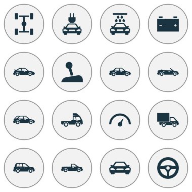 Araba Icons Set. Kamyon, Chronometre, taşıma ve diğer öğeleri koleksiyonu. Ayrıca tekerlekli, yıkama, Van gibi simgeler içerir.