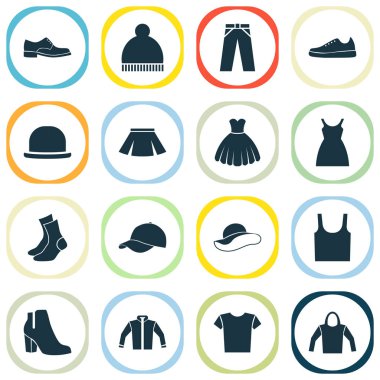 Giysi simgeler kümesi. Elbise, rahat, spor ayakkabıları ve diğer öğeleri koleksiyonu. Ayakkabı, Giysi, çorap gibi semboller de içerir.