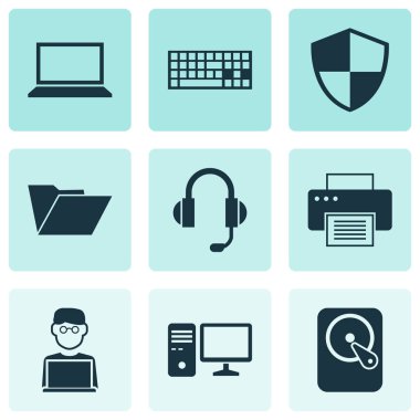 Defter Icons Set. Baskı makinesi, savunma, kulaklık ve diğer öğeleri koleksiyonu. Ayrıca, kulaklık, mikrofon, klavye gibi simgeler içerir.