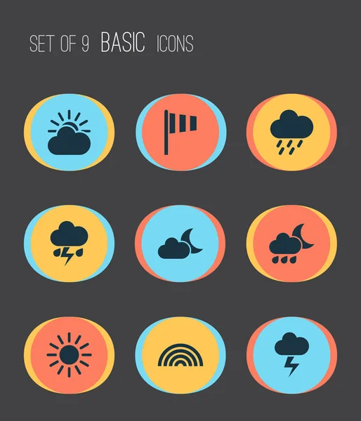 Zestaw ikon meteorologii. Kolekcja słońce, słońce, Chmura, flagi i inne elementy. Również zawiera symbole, takie jak światło, deszczowa, Flash. — Wektor stockowy