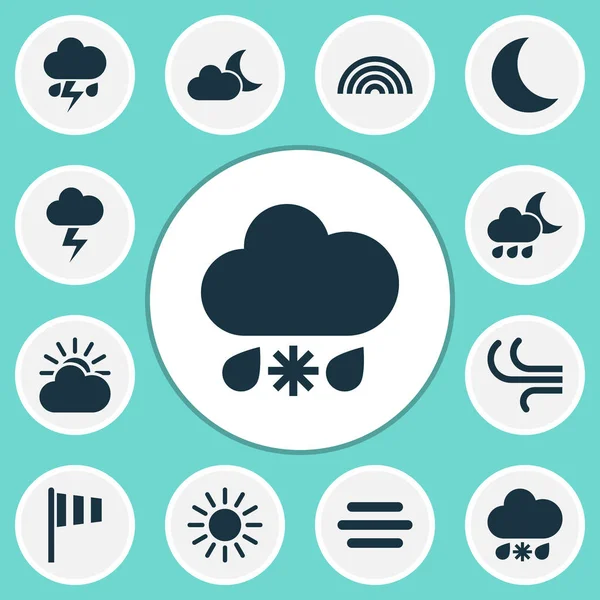 Nature Icons Set. Collection Of Moon, Lightning, Flag And Other Elements. Also Includes Symbols Such As Sleet, Night, Lightning. — Stock Vector