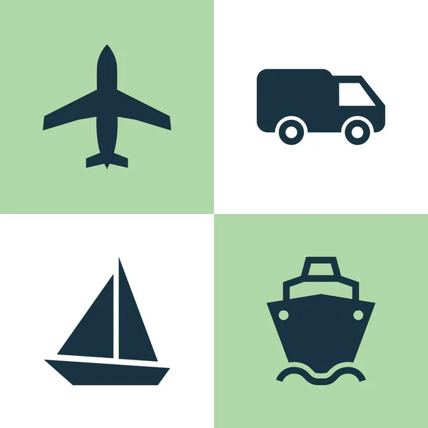 Transportset pictogrammen. Collectie van boten, vliegtuigen, tank en andere elementen. Ook symbolen zoals boot, schip, Camion. — Stockvector