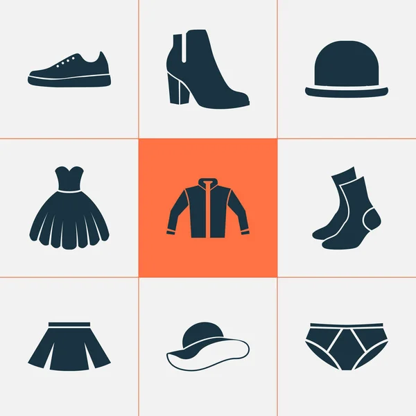 Сукня набір іконок. Колекції кросівок, записок, Панама і інших елементів. Також включає в себе символи, такі як Fedora, кеди, сарафани. — стоковий вектор