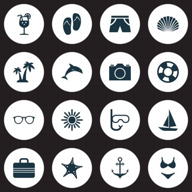 Sıcak Icons Set. Memeli, Bagaj, ağaçlar ve diğer öğeleri koleksiyonu. Ayrıca avuç içi, deniz yıldızı, şemsiye gibi simgeler içerir.