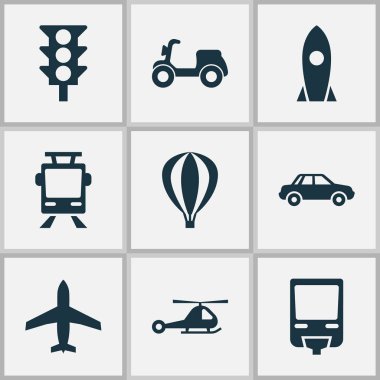 Sevk irsaliyesi Icons Set. Otomobil, helikopter, zeplin ve diğer öğeleri koleksiyonu. Ayrıca uzay gemisi, motosiklet, otomobil gibi simgeler içerir.
