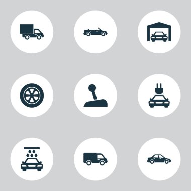 Otomobil Icons Set. Tekerlek, aktarım Temizleme, kamyon ve diğer öğeleri koleksiyonu. Ayrıca otomobil, tekerlek, üstü açık araba gibi simgeler içerir.
