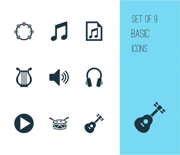 Audio-Icons gesetzt. Sammlung von Instrumenten, Kopfhörern, Leiern und anderen Elementen. enthält auch Symbole wie Kopfhörer, Taste, Timbrel. — Stockvektor