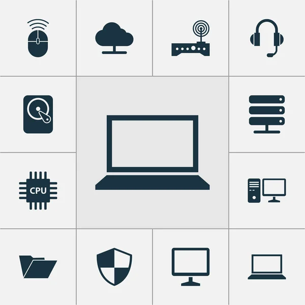 Computer Icons Set. Colecția de computer personal, copac, mouse-ul de calculator și alte elemente. Include, de asemenea, simboluri, cum ar fi laptop, protecție, dossier . — Vector de stoc