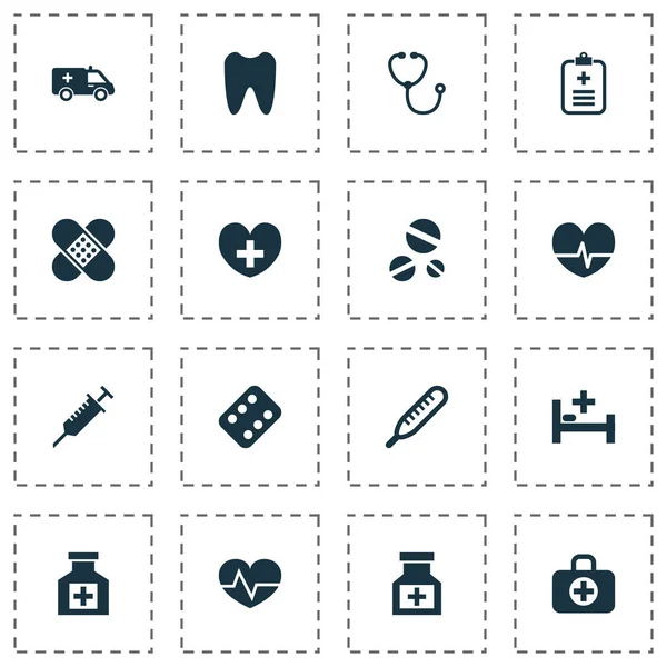Icone antibiotiche impostate. Collezione di mercurio, droga, ritmo e altri elementi. Include anche simboli come capsula, infermiera, fasciatura . — Vettoriale Stock