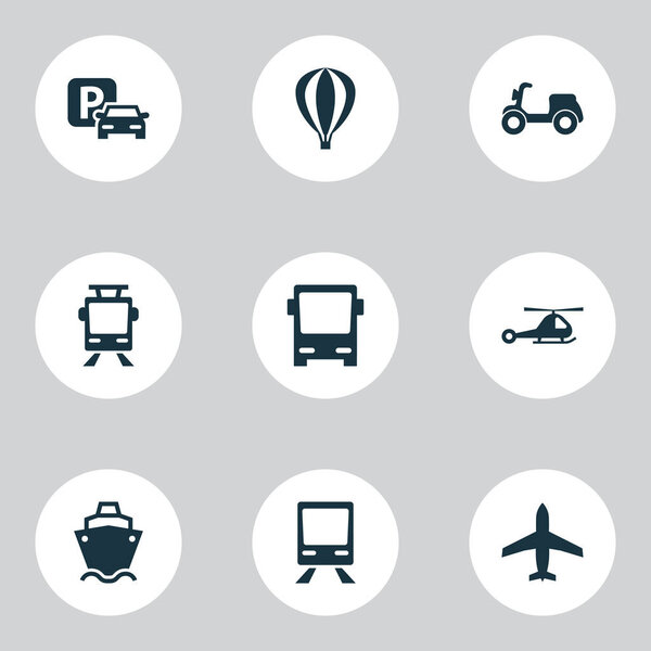 Набор икон отгрузки. Коллекция вертолета, дорожный знак, дирижабль и другие элементы. Also Includes Symbols such as Airplane, Streetcar, Autobus
.