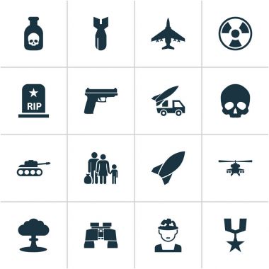 Ordu Icons Set. Kafatası, roka, askeri ve diğer öğeleri koleksiyonu. Ayrıca Topçu, Gong, Atom gibi simgeler içerir.