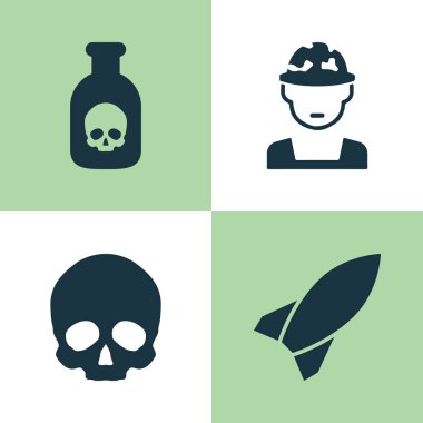 Savaş Icons Set. Tehlike, askeri, füze ve diğer öğeleri koleksiyonu. Ayrıca kafatası, roket, bomba gibi simgeler içerir.