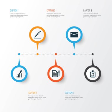 Ticaret simgeler kümesi. Kimlik kartı, artan, sözleşme ve diğer öğeleri koleksiyonu. Ayrıca sayfa, kimlik, zarf gibi simgeler içerir.