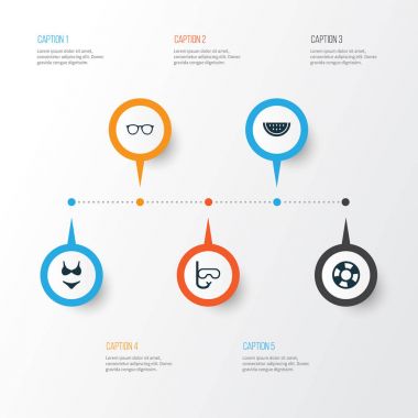 Sezon Icons Set. Sandal, kavun, gözlük ve diğer öğeleri koleksiyonu. Ayrıca gözlük, tekne, kavun gibi simgeler içerir.