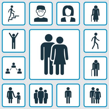 İnsanlar simgeler kümesi. Merdiven, beyefendi, Sevgililer ve diğer öğeleri koleksiyonu. Ayrıca sosyal, Jogging, bilim adamı gibi simgeler içerir.