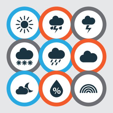 İklim Icons Set. Pislik, ay ışığı, nem ve diğer öğeleri koleksiyonu. Ayrıca, nem, güneş, yağmur gibi simgeler içerir.