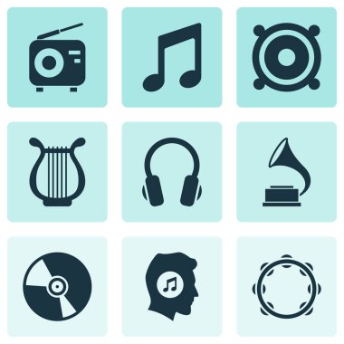 Ses simgeler kümesi. Megafon, fonograf, Timbrel ve diğer öğeleri koleksiyonu. Ayrıca Fm, fonograf, gramofon gibi simgeler içerir.