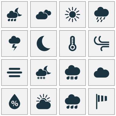 Meteoroloji Icons Set. Yıldırım, bulutlu, yağmurlu ve diğer öğeleri koleksiyonu. Ayrıca güneş ışığı, sıcak, nem gibi simgeler içerir.