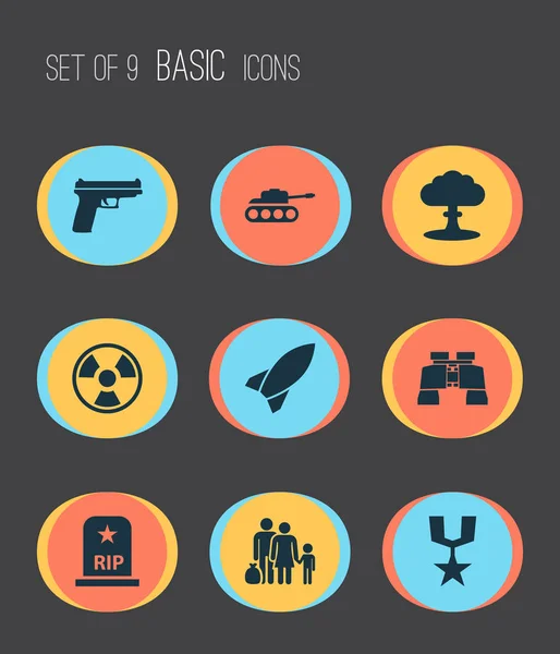 Armee-Ikonen gesetzt. Sammlung von Glas, Rakete, Panzer und anderen Elementen. enthält auch Symbole wie Gefahr, Atom, Tank. — Stockvektor