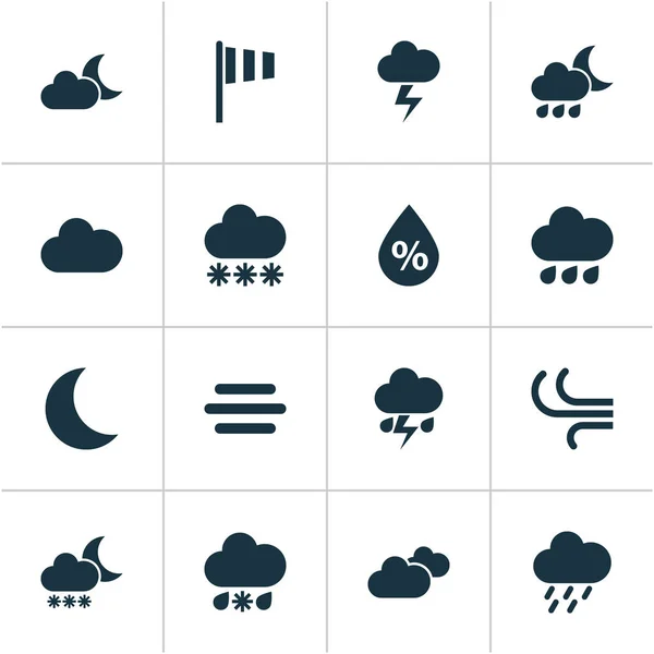 Icone meteo impostate. Collezione di Notte, Flash, Notte e altri elementi. Include anche simboli come focolaio, luce, umidità . — Vettoriale Stock