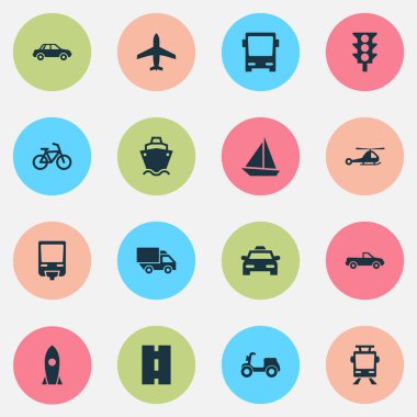 Ulaşım Icons Set. Bisiklet, yat, Skooter ve diğer öğeleri koleksiyonu. Ayrıca otomatik, Camion, Bisiklet gibi simgeler içerir.