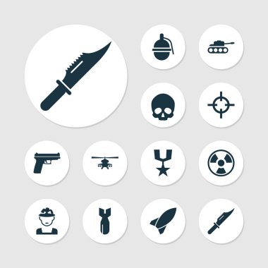 Ordu Icons Set. Bomba, kafatası, silah ve diğer öğeleri koleksiyonu. Ayrıca kesici, asker, sipariş gibi simgeler içerir.