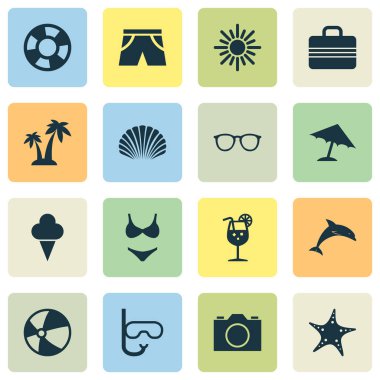 Sıcak Icons Set. Güneşli topluluğu, Video, boncuk ve diğer öğeleri. Ayrıca valiz, deniz yıldızı, tüp gibi simgeler içerir.